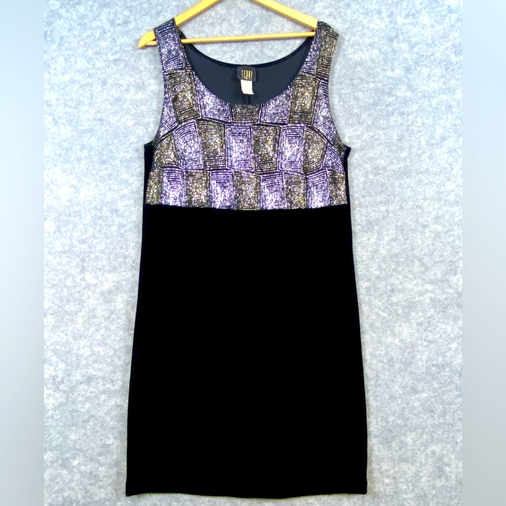 Teddi Evening Vintage Dress 16W Black Gold Silver Velvet Midi Party Event Formal